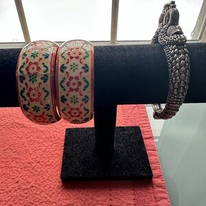 Floral Enamel and Silver-Tone Bangles